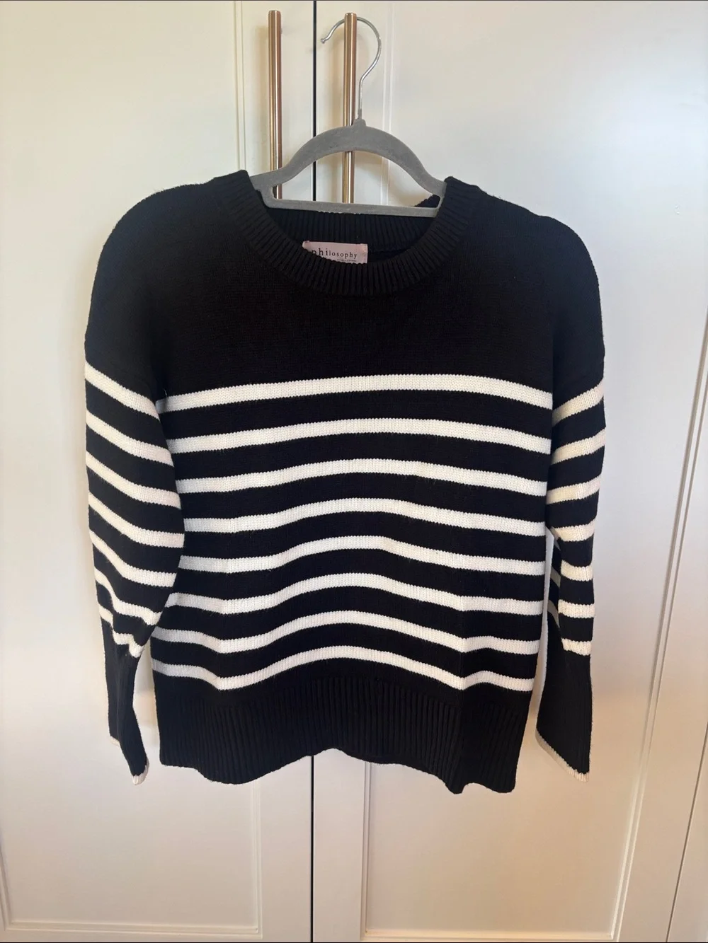 Philosophy Black and White Striped Crewneck Sweater